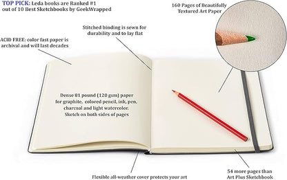 Leda Art Supply Large Sketchbook 160 Pages Softbound Cover Sketchbook for Artists - Leather Drawing Notebook for All, Ideal for Ink, Water Color, Pen, Pencils | 7 x 10 inch Art Journal