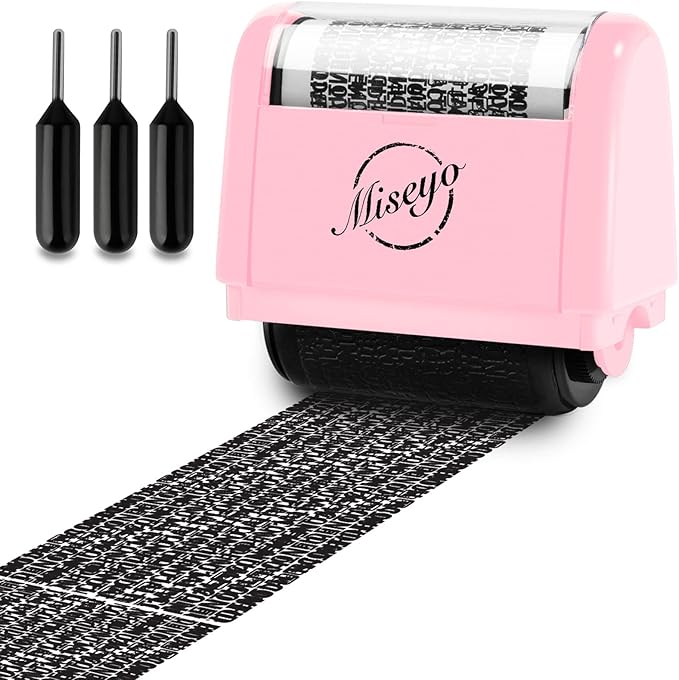 Miseyo Wide Identity Theft Protection Roller Stamp Set - Pink (3 Refill Ink Included)