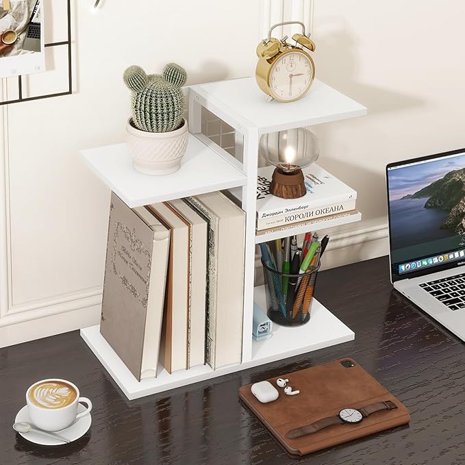 ELITEROO Desk Bookshelf, 4 Tier Wood Desktop Bookshelf, Adjustable Table Top Book Shelf and Storage Rack for Office Supplies, Dorm, Home Office, White