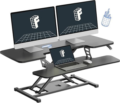 FLEXISPOT Standing Desk Converter 42-inch Spacious Sit to Stand up Dual Monitor and Laptop Riser, Big Size Tabletop Workstation with Large Keyboard Tray, Black