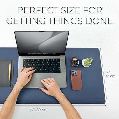 Nordik Felt and Leather Desk Mat Non-Slip - Blue - 35 X 17 Inch - Felt and Vegan Leather Desk Pad - Document Organizers - Desk Blotter and Desktop Mat - Desk Protector Laptop Desk Matt for Desktop