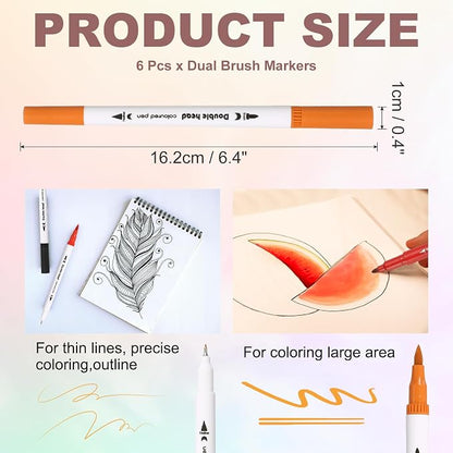 PATIKIL 6Pack Dual Brush Markers, Orange Watercolor Fine and Brush Tips Pens Colored Marker Calligraphy Coloring Art Supplies Set for Coloring Book Illustration Sketching Journaling