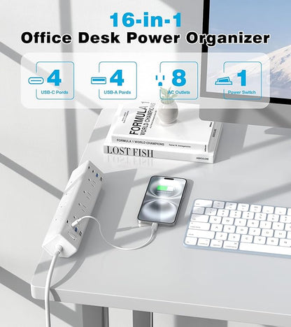 40W Fast Charging Station,Desk Clamp Power Strip,4 USB-C Ports & 8 AC Outlets,Desktop Edge Mount Surge Protector Power Strip,14AWG Heavy Duty Cord,Fit 1.9" Tabletop Edge for Home Office(10Ft Cable)