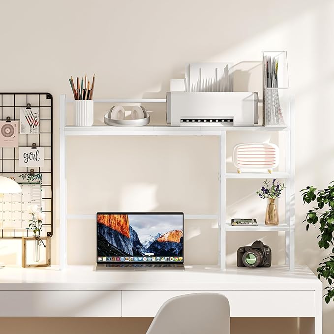 Snughome Desk Shelf, 38.6" Desktop Organizer Shelf, Desk Hutch for Computer Monitor, 4 Tier Desk Display Rack, Wood Desktop Bookshelf Storage Rack for Home Office Dorm, White