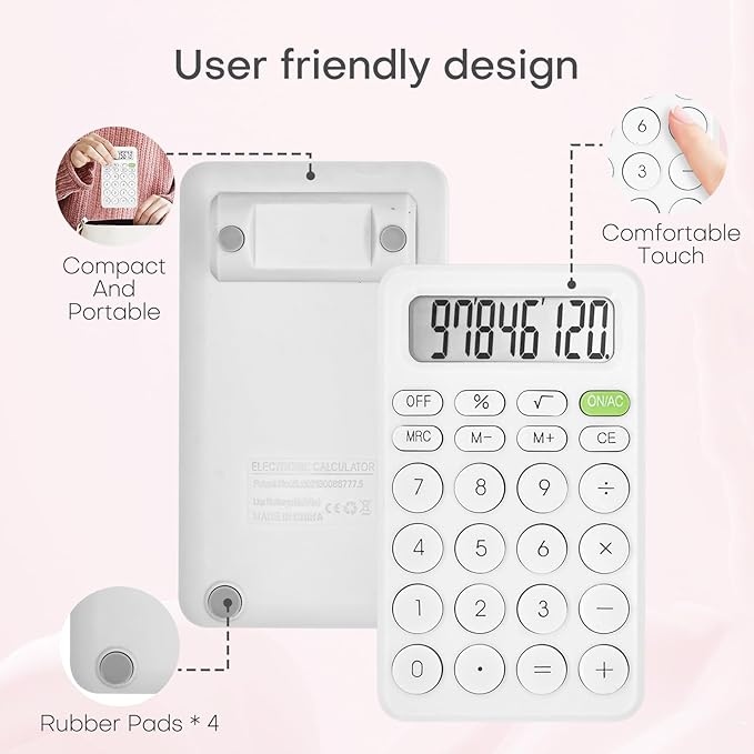 Cute Calculator, Basic Four Function for Teachers Students Basics Office, Small Handheld Calculators, 8 Digit with LCD Display, Sensitive Button, 5.5×3.2 inches White