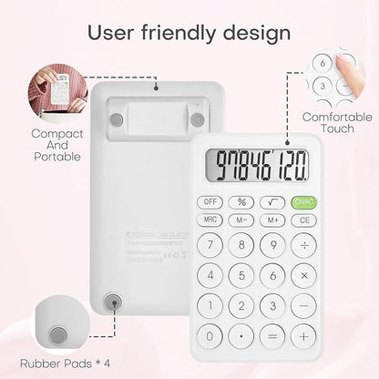 Cute Calculator, Basic Four Function for Teachers Students Basics Office, Small Handheld Calculators, 8 Digit with LCD Display, Sensitive Button, 5.5×3.2 inches White