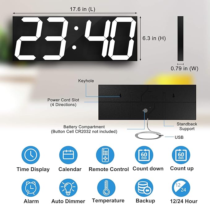 LED Large Digital Wall Clock, Oversize Wall Clock with 6” Numbers, Remote Control Count up/Countdown Timer Clock, Auto Dimmer, Big Calendar and Thermometer(White)