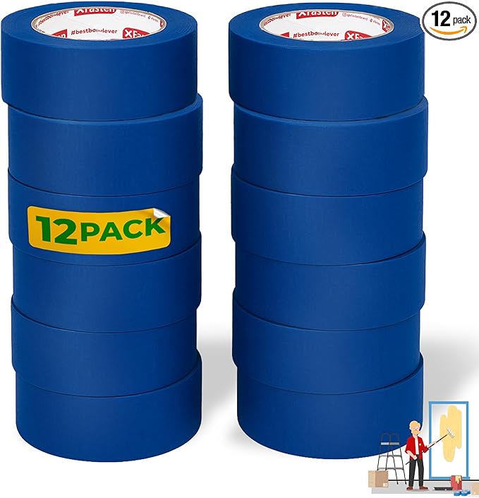 XFasten Blue Painter's Tape, 2 Inch x 60 Yards (12-Pack) Blue Painters Masking Tape Bulk - Sharp Edge Line Technology, Produces Sharp Lines | Residue-Free and Artisan Grade Wall Trim Tape