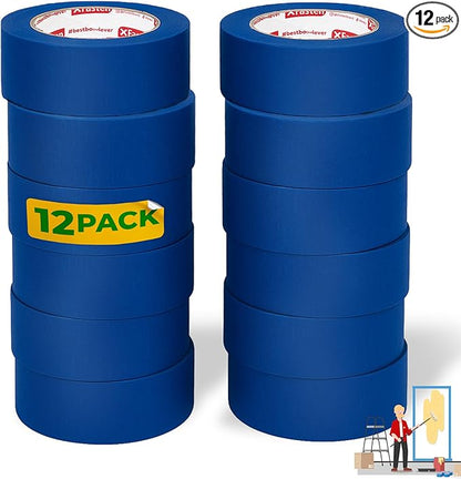 XFasten Blue Painter's Tape, 2 Inch x 60 Yards (12-Pack) Blue Painters Masking Tape Bulk - Sharp Edge Line Technology, Produces Sharp Lines | Residue-Free and Artisan Grade Wall Trim Tape