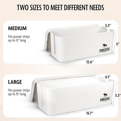 DMoose Cable Management Box - 2 Pack Medium & Large Cord Organizer for Desk & Floor - Cable Organizer Box for Child & Pet - Cable Box Hider for Tidy Office & Home, Power Strip Cover (White, Pack of 2)