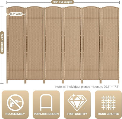 Cocosica 6 Panel Room Divider,6Ft Folding Privacy Screen,Tall - Extra Wide Foldable Panel Partition Wall Divider with Diamond Double-Weaved Hand-Woven Design Room Screen Divider