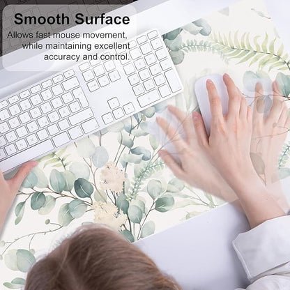 QIYI Large Mouse Pad for Desk, Cute Desk Mat for Desktop, Women Girls Green Office Décor Desk Accessories, PU Leather Waterproof Gaming Mousepad, Eucalyptus Leaf Desk Pad Computer Mat, 31.5" x 11.8"