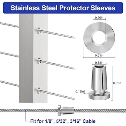 BLIKA Upgraded 100 Pack Stainless Steel Protector Sleeves for 1/8" 5/32" or 3/16" Deck Cable Railing, for Metal Posts, T316 Marine Grade, Cable Railing Protector Sleeves