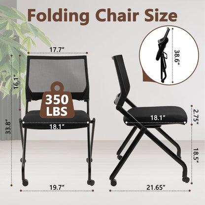 10PACK, Stackable & Foldable Chairs with Wheels, Reception Guest Chairs with Lumbar Support, Ergonomic Mesh Back Folding Chair for Office Schools Training Conference Waiting Room, Black,
