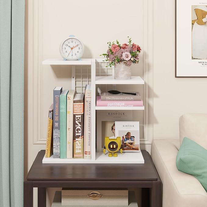 ELITEROO Desk Bookshelf, 4 Tier Wood Desktop Bookshelf, Adjustable Table Top Book Shelf and Storage Rack for Office Supplies, Dorm, Home Office, White