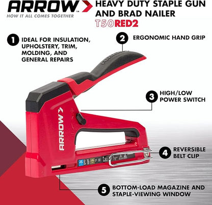 Arrow T50RED2 Heavy Duty Manual 2-in-1 Staple Gun and Brad Nailer for Upholstery, Framing, Insulation, Crafts, and Furniture, Red