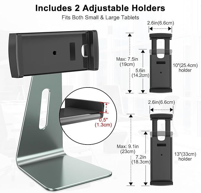 AboveTEK Elegant Tablet Stand, Aluminum Holder for 7-13 inch Tablets, Desktop Kiosk POS Stand Compatible w/iPad Pro Air Mini, Galaxy Tab, Tablet Mount for Store Office Reception Kitchen (Gray)