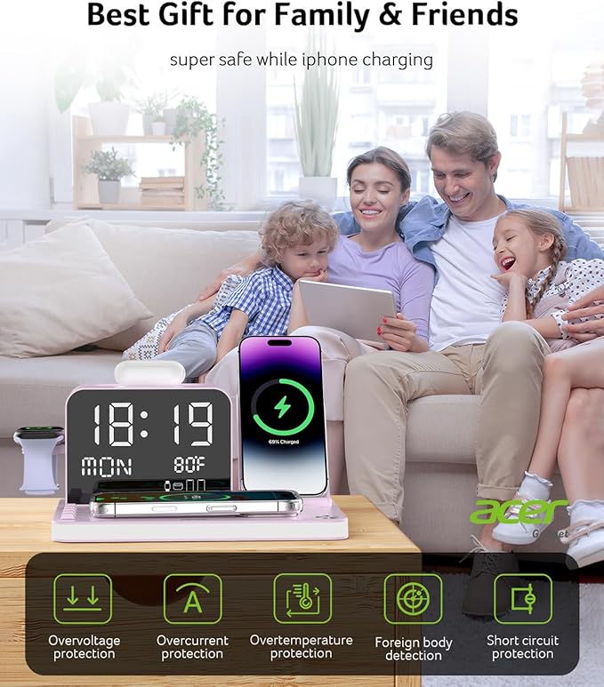 Acer 7-in-1 Wireless Charging Station with LED Clock - 30W Fast Wireless Charger for iPhone 16/15/14/13/12/Pro Max, Apple Watch, AirPods - Bluetooth Auto Time Sync & Night Lights (Purple)