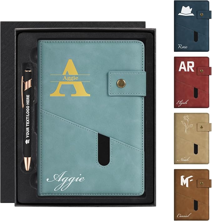 ENOMY Personalized Notebook & Pen Set PU Leather Custom A5 Notebook with Lock 200 Lined Paper Pages Luxury Gift Box for Men Women Travel College Business Gift, Light Blue