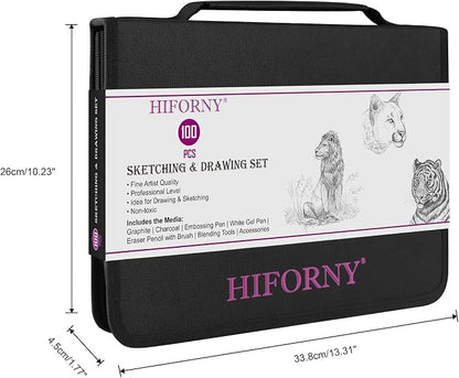 HIFORNY 100 PCS Drawing Set Sketching Kit,Sketch Pencils Art Supplies with Graphite,Charcoal,Blending Tools & Accessories,Portable Zippered Travel Case for Artists & Beginners