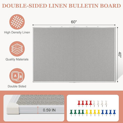 AMUSIGHT Double-Sided Large Cork Board with Linen, 48" x 36" Foldable Hanging Aluminum Framed Bulletin Board, Vision Board Pin Board Corkboards for Walls, Office, School Decor, 20 Pushpins