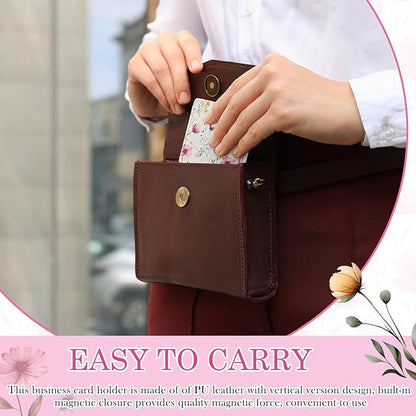 Outus 2 Pieces Business Card Holder, PU Leather Business Card Case Pocket Wallet with Magnetic Shut for Valentines Gift Men Women(Pink and White,Floral)