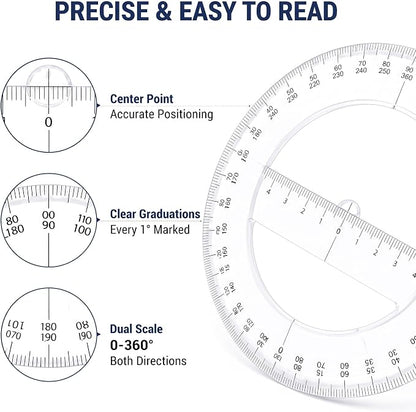 Zonon 2 Pack 360 Degree Protractor, 6 Inch Multifunctional Drawing Ruler Rotatable Mathematical Function Math Geometry Ruler Set, Large Clear Circle Protractor Drafting Tools for Engineering(Classic)
