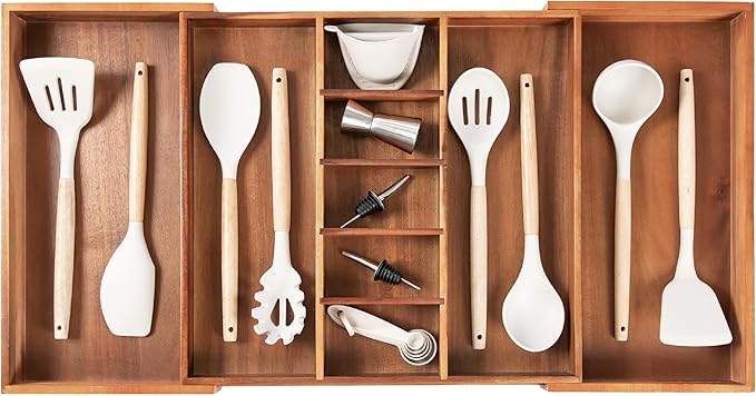 KitchenEdge Adjustable Kitchen Drawer Organizer for Utensils and Junk, Food-Safe Contract Grade with 100% Sustainable Wood, Non-Slip, Expandable from 18.5 to 33 Inches Wide - Natural Acacia