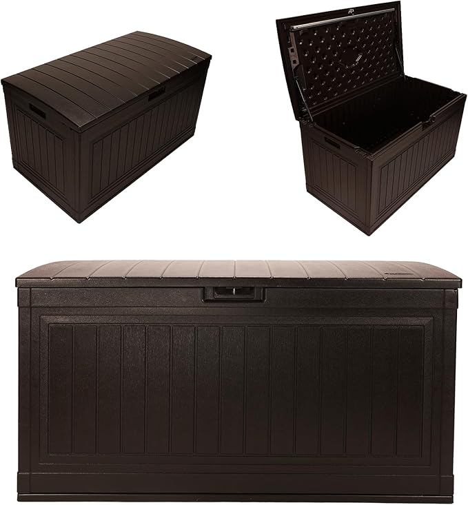 Suncast 80-Gal. Waterproof Resin Large Outdoor Patio Deck Box with Pad-Lockable Lid, Modern Outdoor Patio Bench/Storage Box for Cushions, Garden Tools, and More, Java