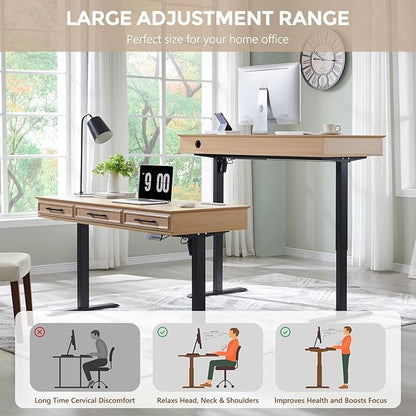 wow97e Electric Standing Desk with 3 Storage Drawers, 55x22 Inch Adjustable Height Office Computer Desk w/One-Piece Desktop & Power Outlets,Sit to Stand Up,Gaming Table for Study and Home, Natural Oak