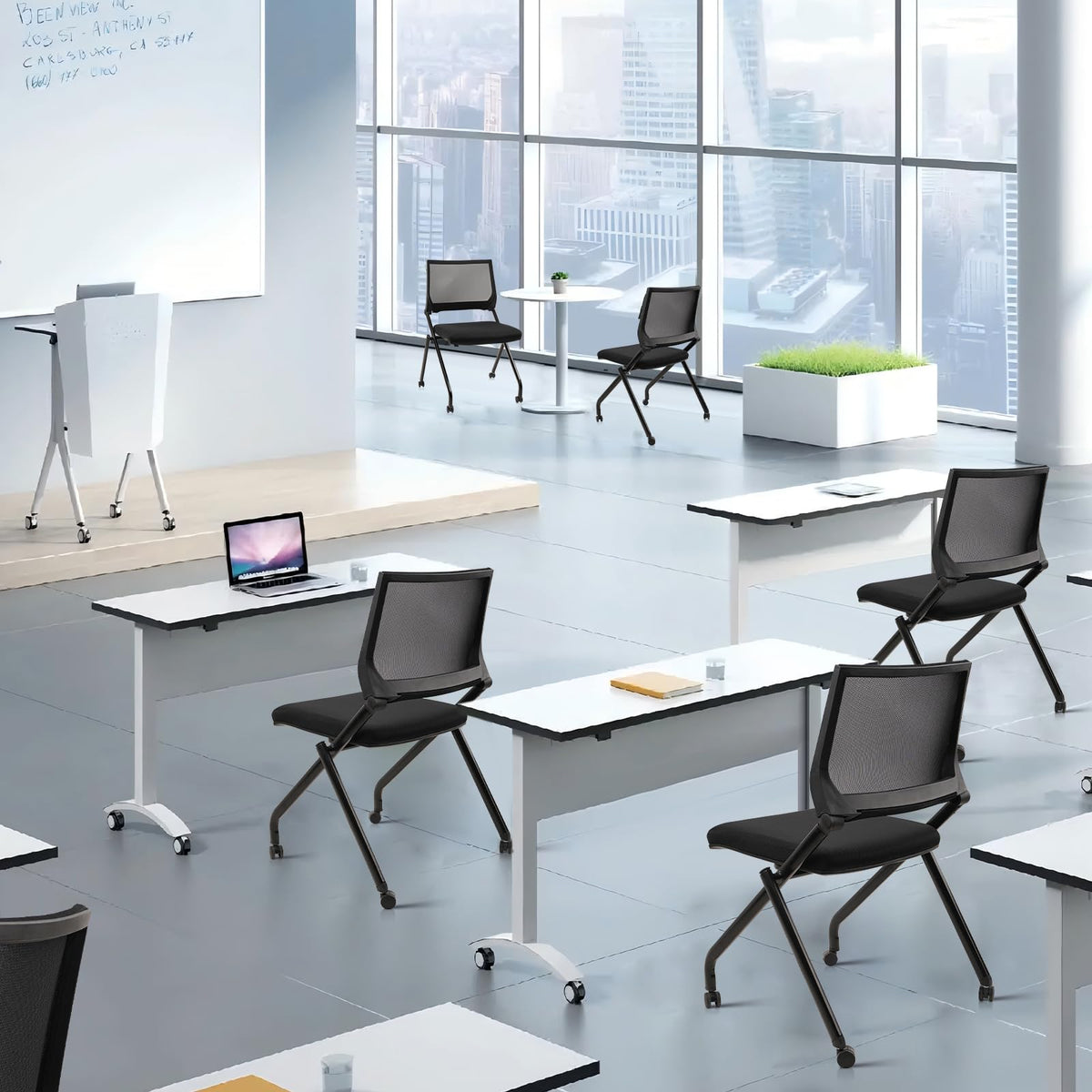 2PACK, Stackable & Foldable Chairs with Wheels, Reception Guest Chairs with Lumbar Support, Ergonomic Mesh Back Folding Chair for Office Schools Training Conference Waiting Room, Black