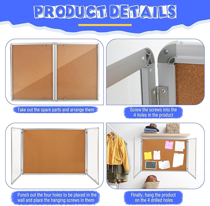 Enclosed Bulletin Board 48" x 36" Weather Resistant Lockable Notice Cork Display Board Wall Mounted 2 Locking Door for School Classroom Commercial Christmas, 12 x A4(Brown, Silver Frame)