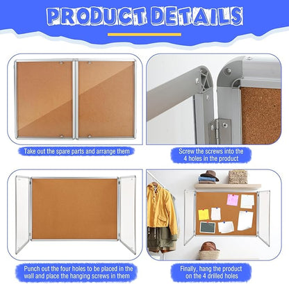 Enclosed Bulletin Board 48" x 36" Weather Resistant Lockable Notice Cork Display Board Wall Mounted 2 Locking Door for School Classroom Commercial Christmas, 12 x A4(Brown, Silver Frame)