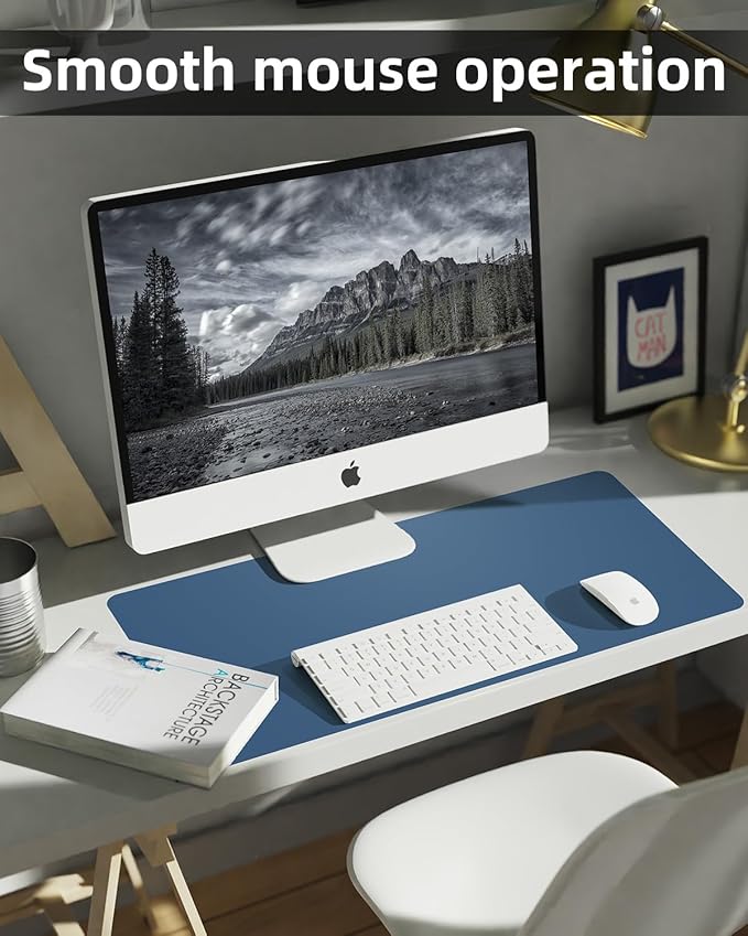 Leather Desk Pad Protector, Office Mat, Large Mouse Pad, Non-Slip Blotter, Laptop Pad, Waterproof Writing Pad for Office & Home (Grey Blue, 40" x 17")