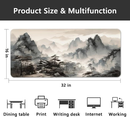 Britimes Pine Trees and Mountains Desk Mat Black and White Ink Painting Deak Pad Non-Slip PU Leather Large Keyboard Mouse Pad Office Desktop Accessories for Office,Work,Home Decor(31.5"X15.7")