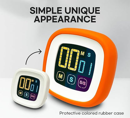 CREAVIVA Digital Kitchen Timer, Countdown, Countup, Protective Rubber case, Large Display with Color Bold Digits, Touch Control, Backlit, Magnetic Kickstand, Loud Alarm, Auto Memory (Orange)