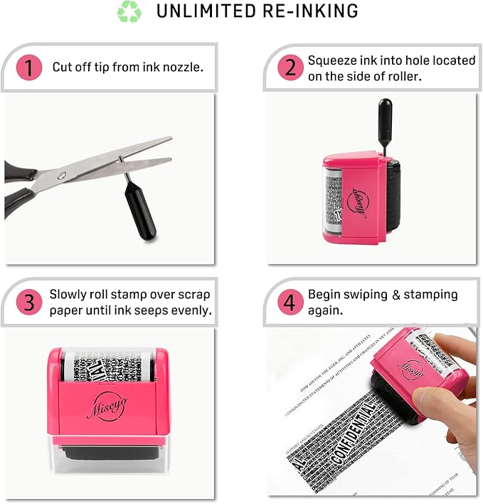 Miseyo Identity Theft Protection Roller Stamp Set - Peach (6 Refill Ink Incleded)
