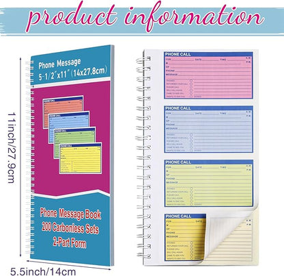 Sinmoe 1 Pcs Spiral Bound Phone Message Book with Carbon Copy 5-1/2" x 11" 2 Part Colorful Carbonless Telephone Message Pads Duplicate Spiral Phone Call Log Book for Business Office (Rose Red,Blue)