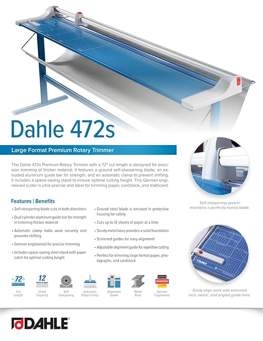 Dahle 472s Premium Rotary Trimmer w/Stand, 72" Cut Length, 12 Sheet Capacity, Self-Sharpening, Automatic Clamp, German Engineered Paper Cutter