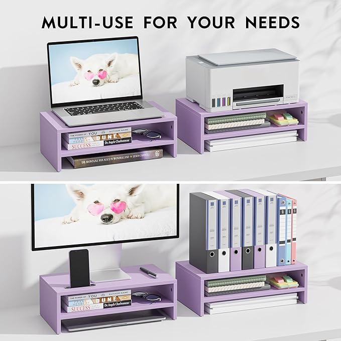 BONTEC Wooden Monitor Stand Riser, 2-Tier Desk Shelf with Storage Organizer, Ergonomic Computer Stand with Cable Management, Cellphone Holder, Purple, 16.5 Inch