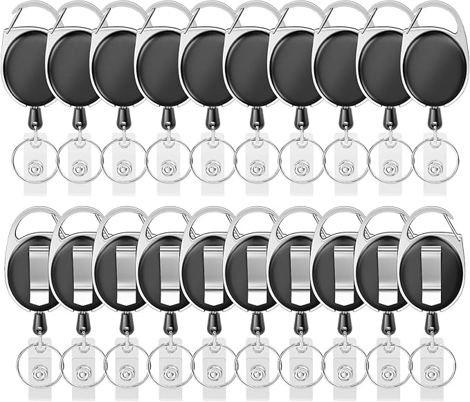 Retractable Badge Holder with Carabiner Reel Clip and Key Ring for ID Card Key Keychain Holders Black 20 Pieces by moeverEX