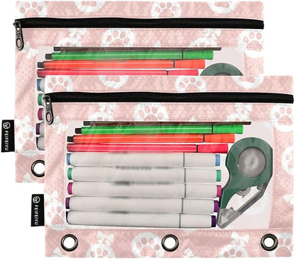 Emelivor Cute Paw Pink Pencil Pouch for 3 Ring Binder 2 Pcs Pockets Pencil Pouches Bag with Clear Pencil Case Cosmetic Bag for College Office Daily Supplies
