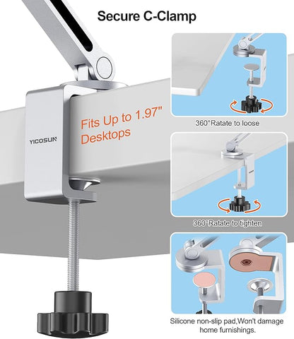 YICOSUN Tablet Arm Mount with Super Grip, Adjustable Foldable Holder & Heavy Duty Aluminum 360° Rotating Clamp for iPad, Phone, Monitor, Kindle - Universal for Desk, Bed, Kitchen - Silver