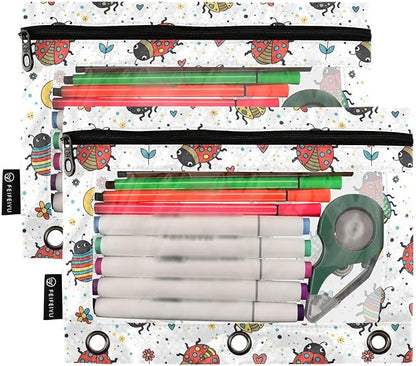 Emelivor Ladybugs Colorful White Pencil Pouch for 3 Ring Binder 2 Pack Binder Pencil Case with Clear Window Pencils Bags with Zipper for College Office Daily Supplies