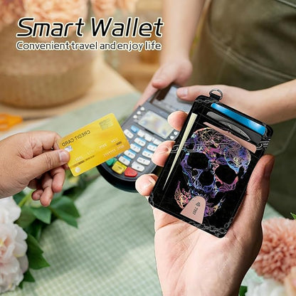 BWEGRHE Small Travel Wallets, Shackle Skull Slim Minimalist Front Pocket Wallet with Wristlet, RFID Blocking PU Leather Credit Card Holder with ID Window Change Purse for Men Women