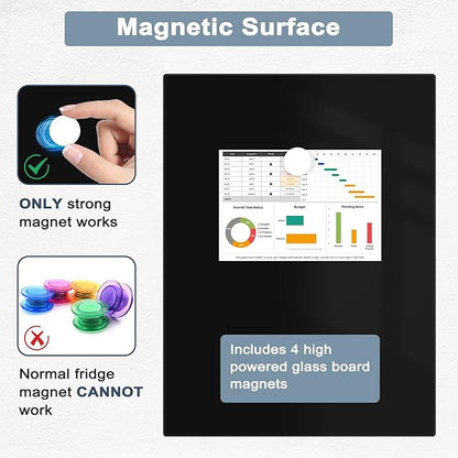 Magnetic Glass Whiteboard for Wall, 16" x 12" Glass Dry Erase Board, Large Frameless White Board for Home and Office - Black