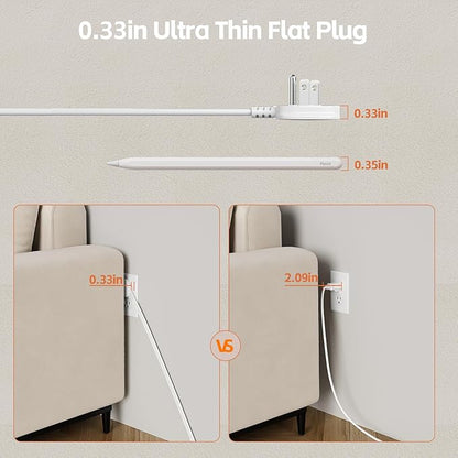 Surge Protector Power Strip 10 FT Flat Extension Cord ，10 AC Outlets & 4 USB Ports(5V/3.4A 17W), 1080J ，Wall Mountable Desktop Charging Station with Flat Plug for Office Supplies and Home, White