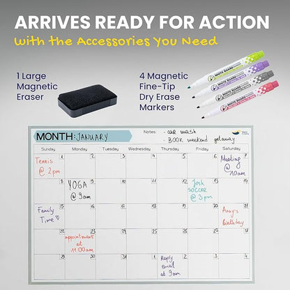Monthly Magnetic Calendar for Refrigerator - 17x12” Stain-Resistant Dry Erase Fridge Calendar Whiteboard with Large Writing Space for Schedules, Chores & Meals - With 4 Markers & Eraser - Sunday Start