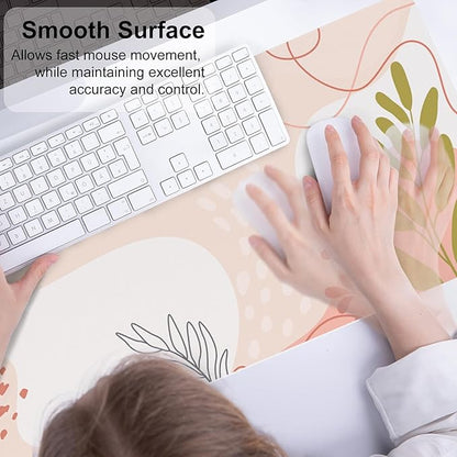 QIYI Large Mouse Pad, Cute Desk Mat for Desktop, Women Girls Minimalist Pink Office Desk Accessories, PU Leather Waterproof Gaming Mousepad, Tropical Leaves Desk Pad Computer Mat, 31.5" x 11.8"