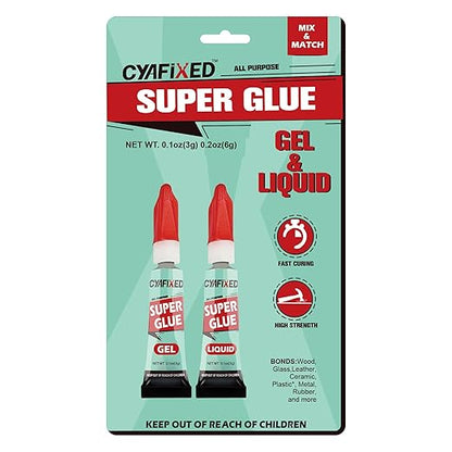 Super Glue Liquid&Gel, Instant Adhesive, Multipack Cyanoacrylate Strong Clear Glue for Shoe Sole Repair Ceramic Plastic Metal Wood Pottery Leather Aquarium Glass, Rubber, Strong Bonding